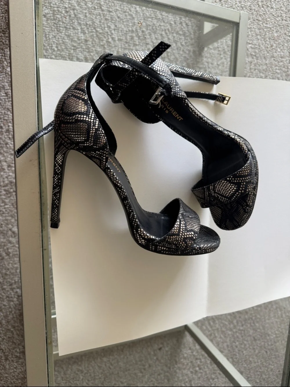 Saint Laurent Black and Silver Snakeskin Ankle-Strap Heels - Picture 3 of 6